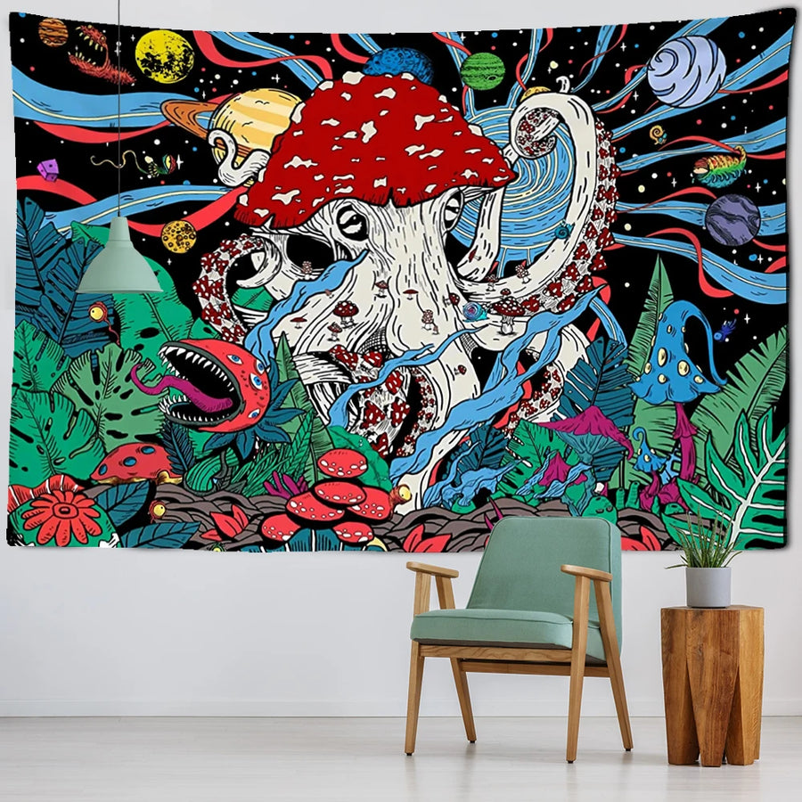 Tapisserie Murale Psychédélique Champignon Abstrait Planet - Le Monde des Korrigans®