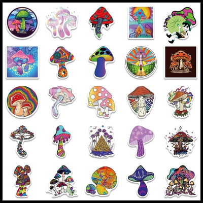 Autocollants Champignons Psy Cartoon - 50pcs-Aléatoire - Stickers muraux et affiches illustrant des champignons