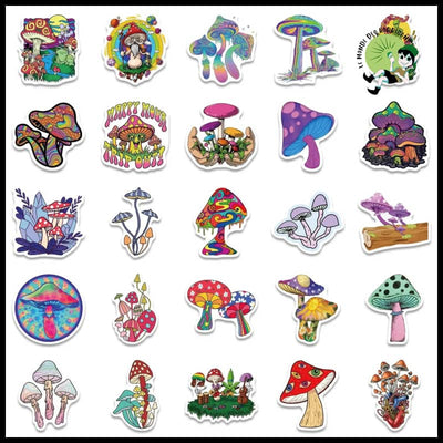 Autocollants Champignons Psy Cartoon - 50pcs-Aléatoire - Stickers muraux et affiches illustrant des champignons