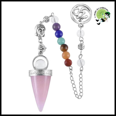 Pendule de Cristal Naturel en Forme Cône avec Tête Bouddha - Rose Quartz - Pendules divinatoires