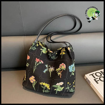 Sac à Bandoulière Brodé Floral - Petit (côté le plus long 20-30cm) / Noir - Sacs en toile organique