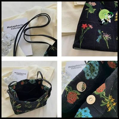 Sac à Bandoulière Brodé Floral - Petit (côté le plus long 20-30cm) / Noir - Sacs en toile organique