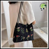 Sac à Bandoulière Brodé Floral - Petit (côté le plus long 20-30cm) / Noir - Sacs en toile organique