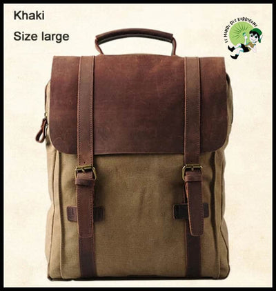 Sac à dos en toile militaire et cuir pour hommes - Kaki Taille grand - avec motifs floraux naturels