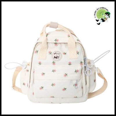 Sac à Dos Mini Nylon Floral Multifonctionnel - Blanc - dos avec motifs floraux et naturels