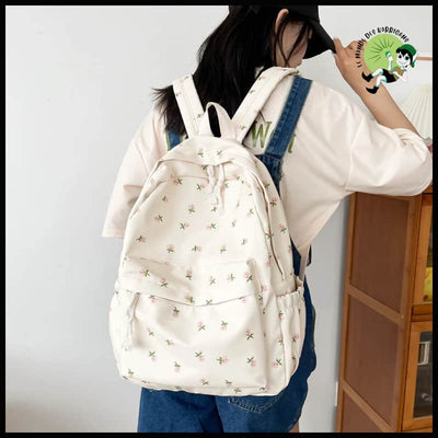 Sac à Dos Scolaire Floral Blanc pour Adolescentes - Beige - dos avec motifs floraux et naturels