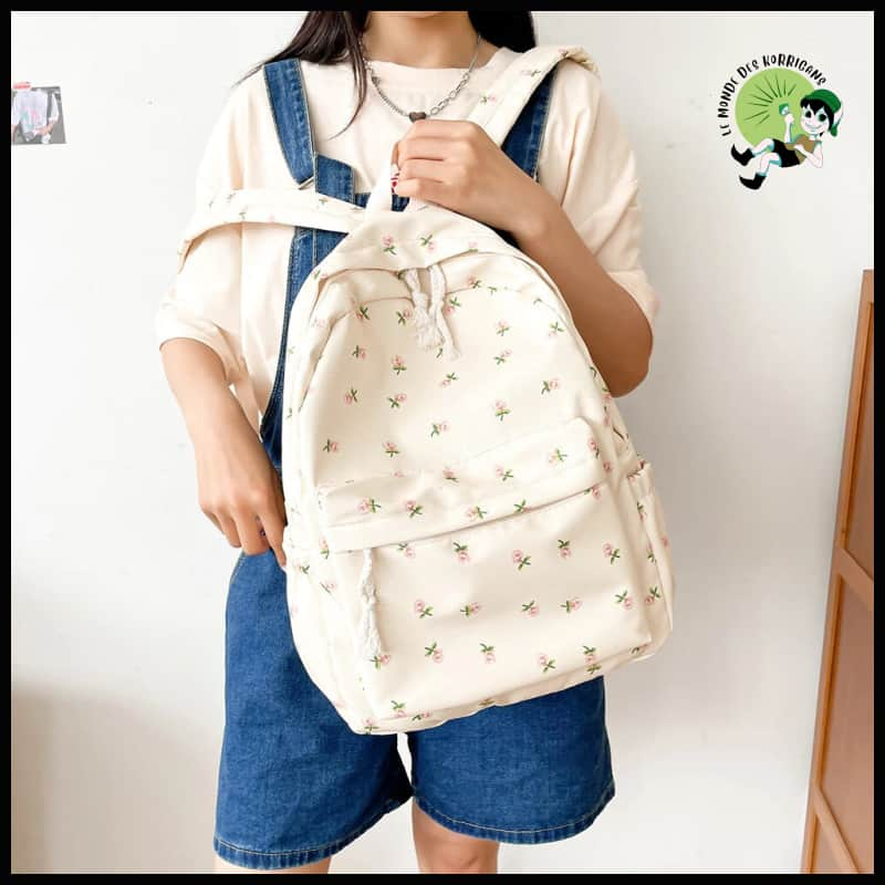 Sac à Dos Scolaire Floral Blanc pour Adolescentes - Beige - dos avec motifs floraux et naturels