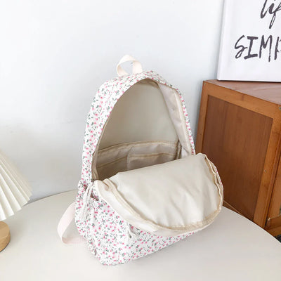 Sac à Dos Scolaire Floral Blanc pour Adolescentes - Beige - dos avec motifs floraux et naturels