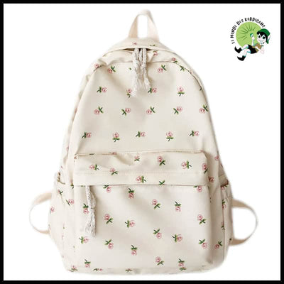 Sac à Dos Scolaire Floral Blanc pour Adolescentes - Beige - dos avec motifs floraux et naturels