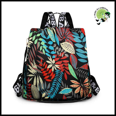 Sac à Dos Toile Oxford pour Femmes - Feuilles Bleues - dos avec motifs floraux et naturels