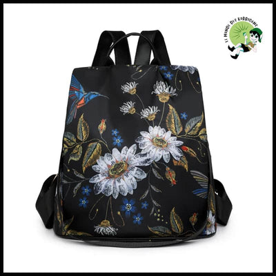 Sac à Dos Toile Oxford pour Femmes - Fleurs Noires - dos avec motifs floraux et naturels