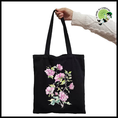 Sac à Main Tote Noir avec Imprimé Floral - 23 - Sacs en toile organique des motifs de la nature