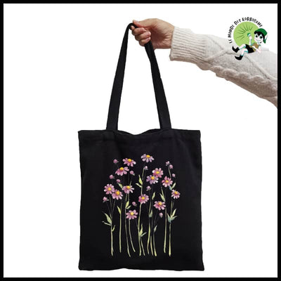 Sac à Main Tote Noir avec Imprimé Floral - 24 - Sacs en toile organique des motifs de la nature