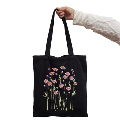 Sac à Main Tote Noir avec Imprimé Floral - Sacs en toile organique des motifs de la nature