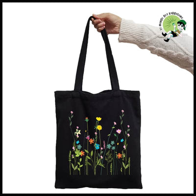 Sac à Main Tote Noir avec Imprimé Floral - Sacs en toile organique des motifs de la nature