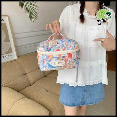 Sac Cosmétique en Coton Matelassé à Grand Capacité - Valises vintage avec des illustrations botaniques