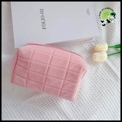 Sac de toilette en peluche avec fermeture éclair grande taille et couleur unie - Rose-01 - Trousses écologiques