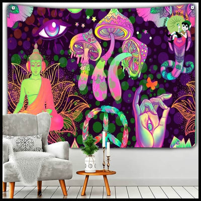 Tapisserie Champignon Abstrait - Noir / 95cmX70cm 3M-LED - Stickers muraux et affiches illustrant des champignons